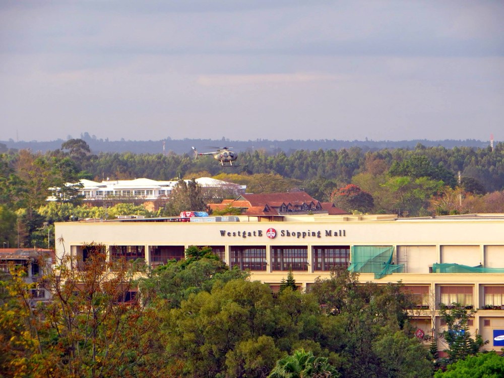 Military helicopter hovering over Westgate shopping mall